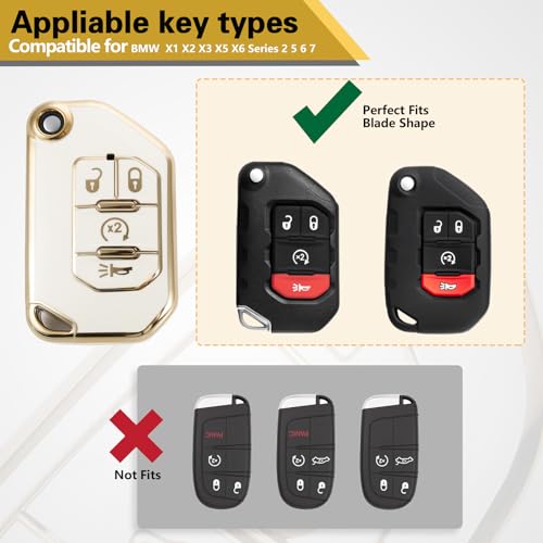Image of for Jeep Key Fob Cover with Metal Braided Keychain, Upgraded Soft Case for Jeep Wrangler Rubicon Gladiator JL JLU JT Sahara JLU Flip (4 buttons) Fob Shell (Gold, C1)