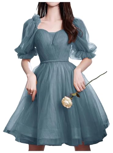 A Line Puffy Sleeves Homecoming Cocktail Dress for Women, Ruffled Short Tulle Party Dress Off Shoulder Formal Gown