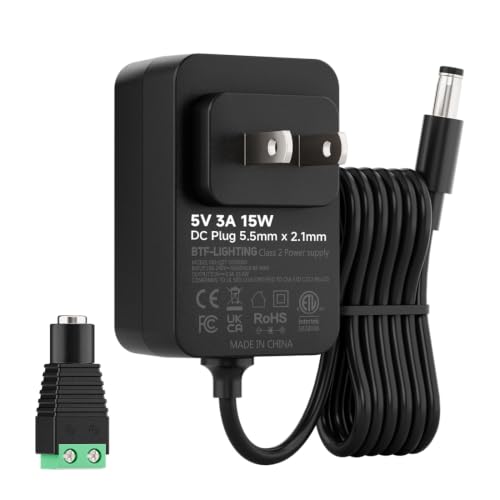 BTF-LIGHTING 5V 3A 15W Power Supply Adapter ETL Listed 100-240V AC to 5V DC Converter Class 2 Power Supply 5.5x2.1mm Jack for for Low Voltage LED Strip Lights CCTV Router Electronics
