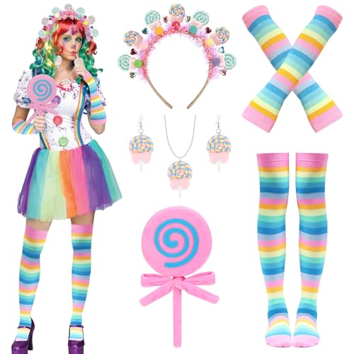 NinkyNonk 9 PCS Galentines Day Candyland Costume Accessories Candy Headband Sweet Rainbow Necklace Lollipop Earrings Jombo Handheld Gloves Tights for Valentines Day Candy Theme Cosplay Accessories