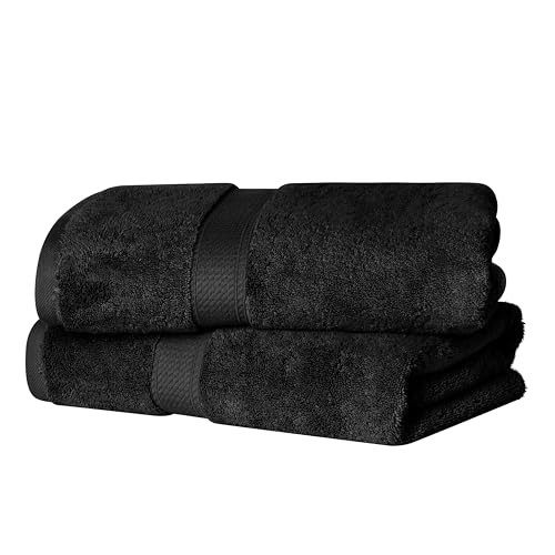 Superior Egyptian Cotton Pile Bath Towel Set of 2, Ultra Soft Luxury Towels, Thick Plush Essentials, Absorbent Heavyweight, Guest Bath, Hotel, Spa, Home Bathroom, Shower Basics, Black