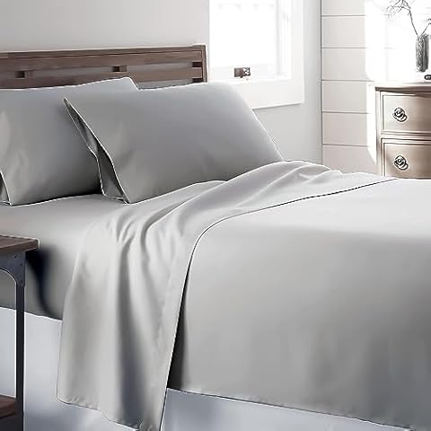 9Threads 600 Thread Count 100% Cotton Sateen Bed Sheets Deep Pocket, Cotton Bedsheets Crisp Cool and Strong Bed Linen (King, Light Grey) Cover