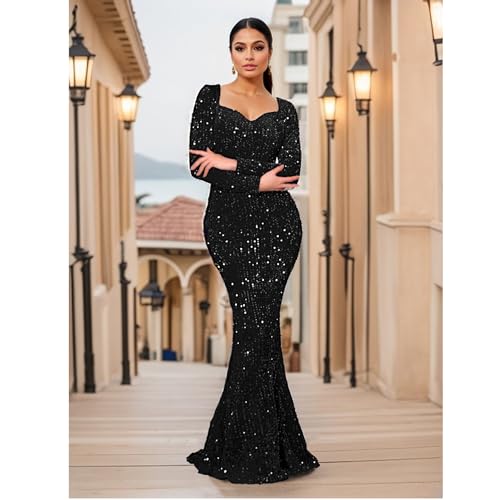 Image of Velvet Sequin Formal Evening Party Dress Sweatheart Bodycon Long Sleeve Maxi Gown