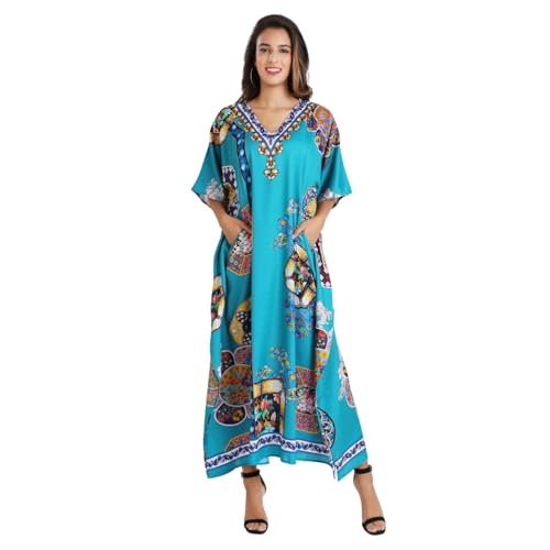 Image of Miss Lavish London Teal Kaftan Dresses for Women V Neck Batwing Sleeve Beach Vacation Bikini Swimsuit Cover Ups, Ethnic Print Plus Size African & Dubai Caftan Maxi Dress with Side-Teal-M