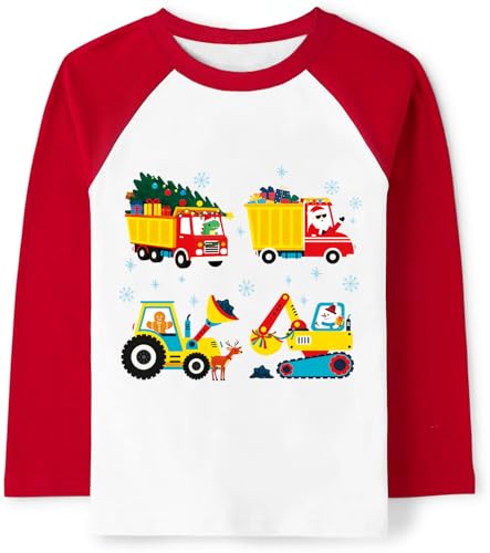 Image of Tkria Boys Girls Christmas Shirts for Kids Deer Monster Truck Excavator T-Shirt Long Sleeve Sweatshirt Toddler Tee Top 2-10T
