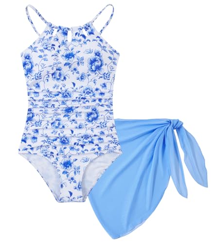 Image of Girls Swimsuit One-Piece Bathing Suit with Mesh Cover Ups Adjustable Straps Cut Out Swimwear Size 7-16