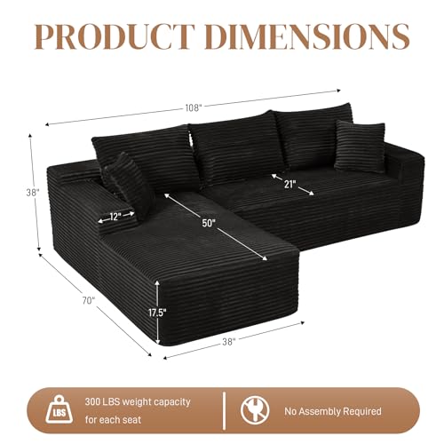 Image of 108 inch L Shaped Cloud Boneless Sectional Couches for Living Room, Modern Comfy Modular Deep Seat Memory Foam Compressed Corduroy Sofa Oversized Left Facing Chaise, No Assembly Required, Balck