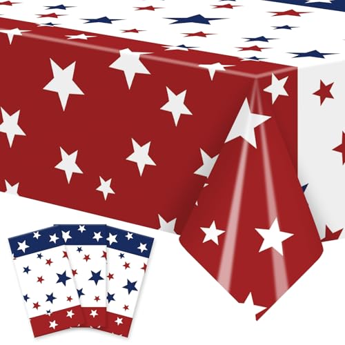 Image of Gistome 3 Pack 54 x 108 Inch 4th of July Plastic Tablecloths, Red White Blue Stars Disposable Rectangle Table Covers for Independence Day Memorial Day Party Decorations