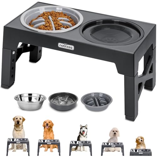 Nobleza Raised Elevated Dog Bowl with Stand 5 Adjustable Heights Pet Food Water Bowl with 800ml Slow Feeder+1100ml Steel Steel+800ml Non Spill Pet Bowls Dog Feeding Station for Small Medium Large Dogs