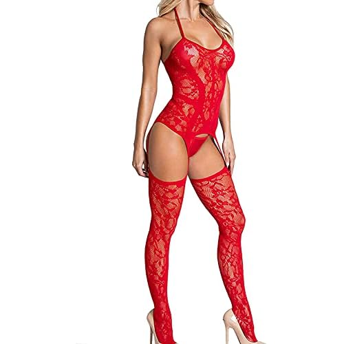 Bommi Fairy Damen Reizwäsche Spitzen Teddy Unterwäsche Strapsen Negligee Nachtwäsche Nachthemd Halfter Sling Unterwäsche Lingerie Transparente Babydoll mit Strumpfhaltergürtel-Dessous (Rot)