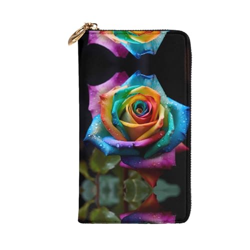 Leather Wallet 7.48 x 4.13 in - Stylish and Durable Wallet for Women with Multiple Compartments and Zipper Design Rainbow Rose Prints2