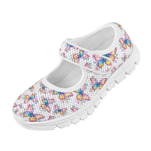 JoyLamoria Neon Butterfly Girls Mary Jane Sneakers Lightweight Barefoot Flats Shoes for Toddler/Kids/Baby Girls Dress Walking Shoes4