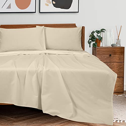 Royale Linens 300 Thread Count 100% Long Staple Combed Cotton Sheet Set - 4 Piece Bed Sheet 1 Fitted Sheet, 1 Flat Sheet, 2 Pillow Case - Breathable, Cool & Crisp Percale Sheet Set (Queen, Cream) #TOP1