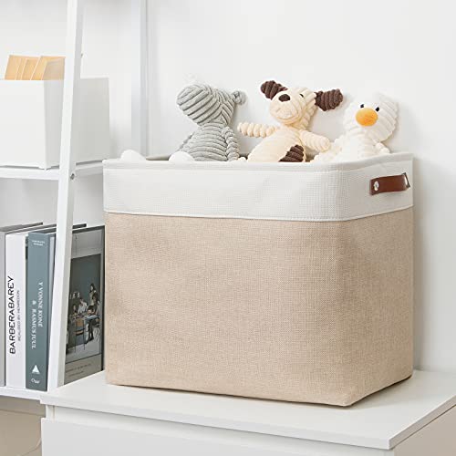 Image of DULLEMELO Large Collapsible Storage Basket /Bin with Sturdy Leather Handles, Fabric Organizer Bin for Storage Clothes, Toys, Books, Office, Bedroom, Closet, Nursery & Laundry (White&Khaki)