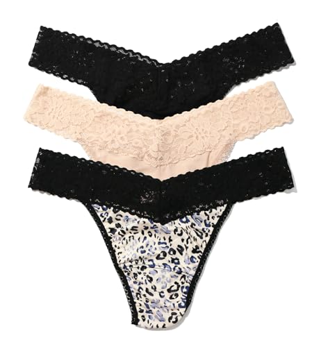 Hanky Panky Women's DreamEase Original Rise Thong 3 Pack, Black/Chai/Spotted