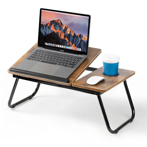 Mesa para Cama y Sofá - Plegable Bandeja para Cama con Tapa Ajustable y Portavasos, Mesa Cama Ordenador en Tablero MDF y Metal, 56x32x25 cm, Madera Carbonizada