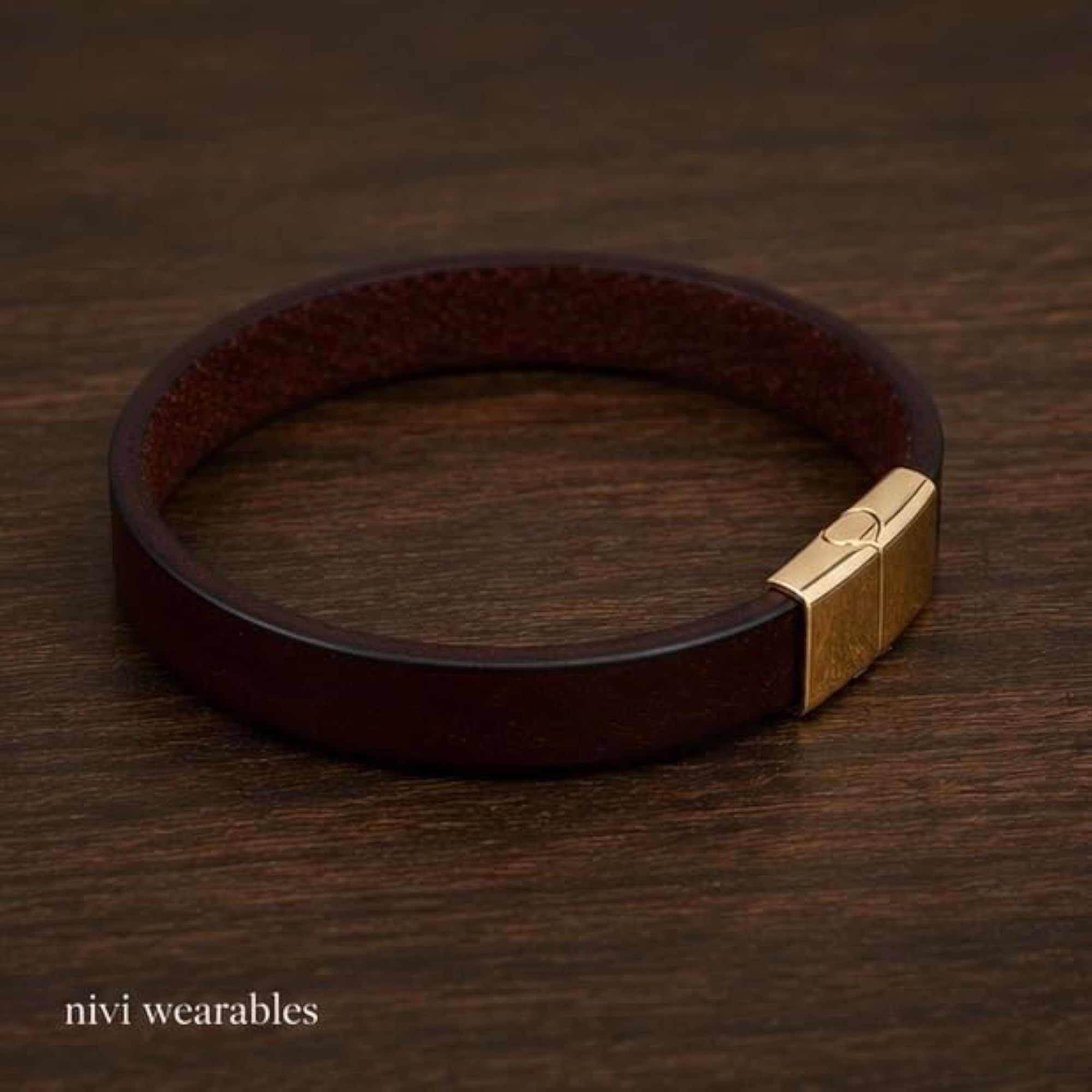 Brown Leather Bracelet with Gold-Tone Magnetic Clasp