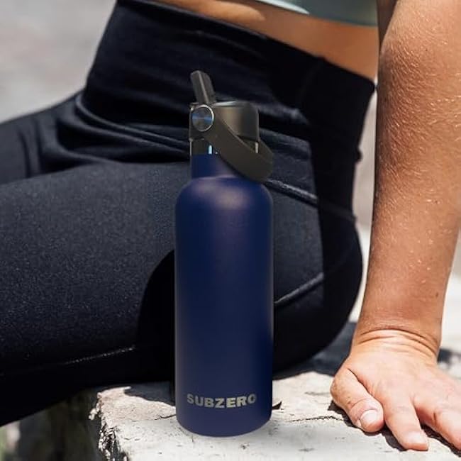 17oz Water Bottle with Spill-Proof, Flip-Straw Lid by Subzero - Vacuum Insulated, Stainless Steel Beverage Thermos for Workout, Hiking, School - Dishwasher Safe - Silicone Boot Included (Navy Blue)