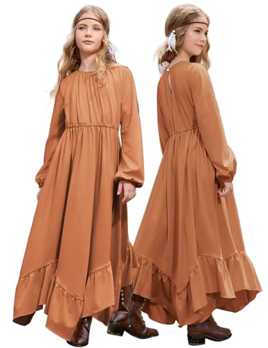 Jxstar Girls Boho Dress Casual Long Sleeve Maxi Dresses Crew Neck Ruffle Flowy Swing Long Dress with Pockets