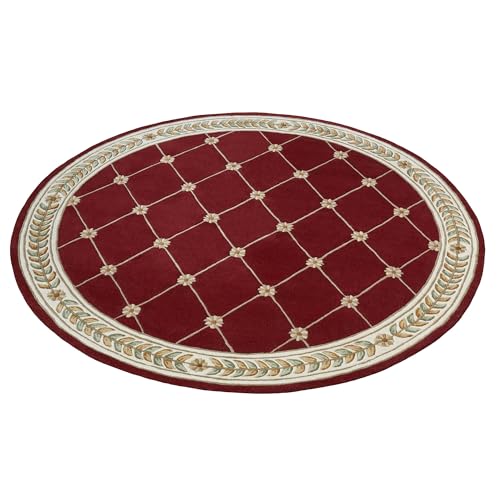 Touch of Class Fleurette Traditional Round Area Rug | 7 feet 6 inches | Rich Ruby Red | Elegant Hand-Tufted & Handcarved Pure Wool Circle Area Rug with Classic Diamond Latticework, Florals & Leaves