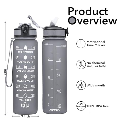 Image of Hyeta 32 Oz Water Bottle with Times to Drink and Straw, Motivational Time Marker, Leakproof & BPA Free, 1 Liter Reusable Sports, Gym & Outdoor Bottle, Grey Matte