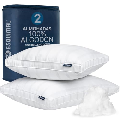 Opiniones y reviews de Almoadas los más solicitados. 46 ESQUIMAL Paquete de 2 Almohadas 100% Algodón con Relleno Tipo Down Alternative, Hipoalergénica. (King Size 50 x 91 x 16 cm)