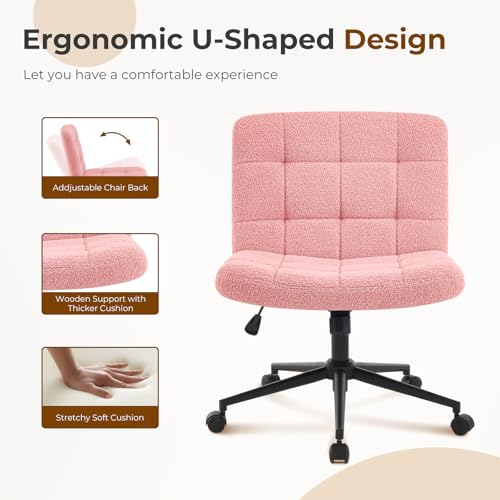 Furnimart Swivel Criss Cross Legged Chair with Wheels for Home Office, Wide Armless Desk Chair Height Adjustable Comfy Seat for Desk,Vanity, Bedroom, Faux Fur Pink - Image 6