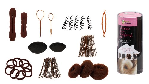 Bundle Monster 9in1 Fashion Hair Design Styling Tools Accessories Kit- Bun Maker, Roller, Braid Twist, Elastics, Pins for BRUNETTE Hair Color