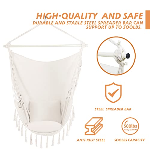 Pnaeut Hammock Chair Hanging Rope Swing With Tassel And Pocket, Max 500 Lbs, 2 Cushions Included, Steel Spreader Bar With Anti-Slip Rings, Hardware Kit And Bag, For Indoor Outdoor (Natural) #TOP4