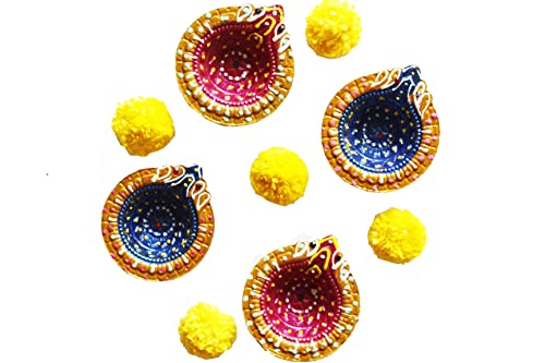 Handmade Set Of 4 Terracoaat Blue & Red Diwali Clay Diya For Diwali Navratri Decorations Oil Lamp Clay Diya Tea Light Holder Indian Decor Festival Gifts Puja Items #TOP3