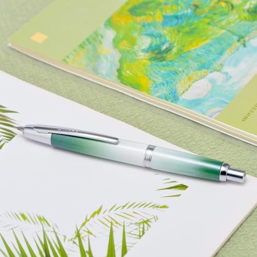 Image of Jinhao 10 Press Fountain Pen with Box, Gradient Grass Green Retractable Extra Fine Nib with Ink Converter Set (Silver Clip)