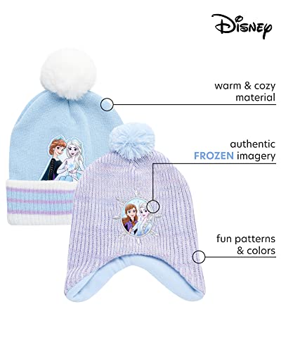 Disney Frozen Elsa and Anna 2-Piece Beanie Hat Set, Girls Knitted Winter Beanie Set with Pom and Earflaps for Kids, Multi, One Size2