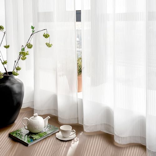 Image of White Sheer Curtains & Drapes 96 inches Long for Living Room - Grommet Top Solid Lightweight & Airy Gauzy Window Treatments with Light Filtering for Bedroom, 2 Panels, W52 x L96