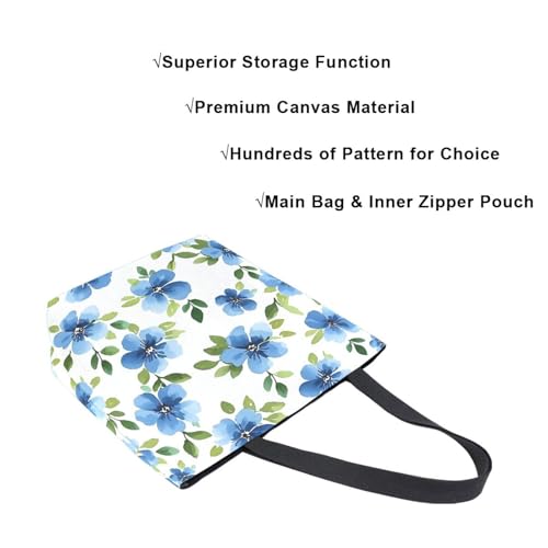 Extra Large Shoulder Tote Bag for Beach Travel Weekender Gym Blue Flower Plants Green Pattern Reusable Grocery Canvas Shopping Bag4