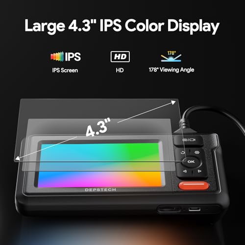 Image of DEPSTECH Dual Lens Borescope Camera with Light, HD Endoscope, 4.3'' IPS Screen, Inspection IP67 Waterproof, 16.5ft Semi-Rigid Snake Camera Cable for Car Wall Drain Pipe