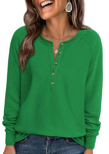 Image of PRETTYGARDEN Women's Long Sleeve Waffle Knit Henley Shirts Loose Tunic Tops