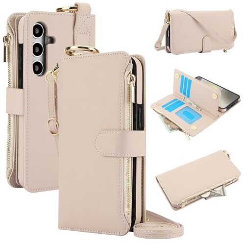 Étui portefeuille cuir Galaxy S22 Plus blanc rabat zippé housse protection sangle