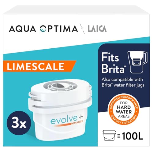 Aqua Optima Evolve+ Hard Water Limescale Filter Cartridges 3 Pack - Fits Brita Jugs & Alternative for Maxtra Filters* - Reduces Limescale, Chlorine & Other Impurities - by LAICA (Packaging May Vary)
