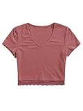 SweatyRocks Women's Sexy V Neck Lace Hem Ribbed Knit Tee Shirt Crop Top (Small, Pink)