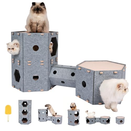 Large Cat House for Indoor Cats & Small Dogs, w/Hair Brush, Muzzique DIY Expandable Modular Felt Tunnel Castle, Washable Kitten Nest, Peekaboo Kitty Cave, Puppy Bed Furniture, XL Play System Platform
