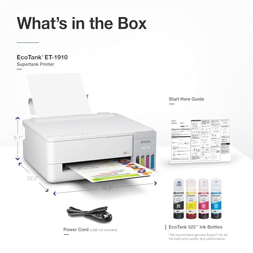 Image of Epson EcoTank ET-1910 Wireless Color Supertank Printer with up to 3 Years of Ink, Refillable Tanks, Perfect for Home, 11 PPM, 100-Sheet Paper Tray - White