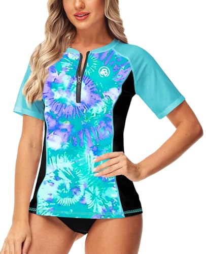 Image of AOBUTE Women Zip Rash Guard UPF 50+ Gradient Short Sleeve Swim Top Surf Shirts