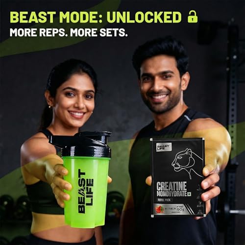Image of Beastlife Pure Super Micronised Creatine & Shaker Pack | 50 g | 13 Servings | Watermelon | NABL Lab Tested | Rapid Absorption for Muscle Strength & Athletic Performance | Super Micronised Creatine Powder