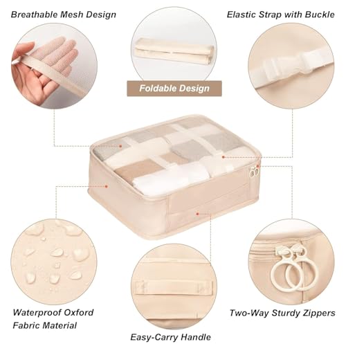 Image of 7pcs Set Travel Organizer Packing Cubes Lightweight Travel Luggage Organizers with Laundry Bag or Toiletry Bag Laundry Organiser. (Cream)
