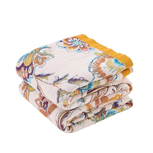 Image of XIBLC Boho Throw Blanket for Bed, 100% Cotton Soft Rustic Quilt Fall Blanket, 80 inchx90 inch Floral Printed Farmhouse Decor Bed Blankets, All Season Rustic Reversible Bohemian Throw Quilt