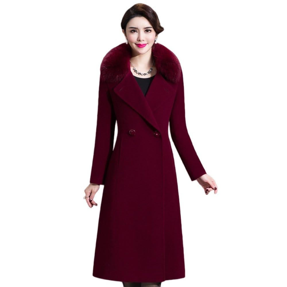 Trench Lungo da Donna Rosso Scuro Invernale in Misto Lana,Pelliccia Sintetica Bavero Colletto Dentellato Giacca Media Lunghezza Doppio Petto con Cintura,Manica Lunga Calda Autunnale Vestibi