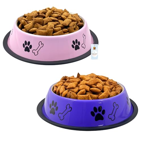 Image of Foodie Puppies Stainless Steel Dog Bowl Combo - (Medium, 700ml) Food and Water Feeding Gift Bowl | Suitable for Dogs, Cats and Other Pets I Paw Bone Print, Anti-Skid Rubber Base (Pink + Purple)