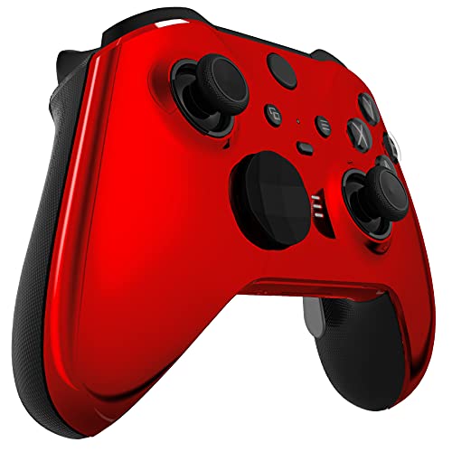 Image of eXtremeRate Chrome Red Edition Glossy Faceplate Cover, Front Housing Shell Case Replacement Kit for Xbox One Elite Series 2, Xbox Elite 2 Core Controller Model 1797 - Thumbstick Accent Rings Included