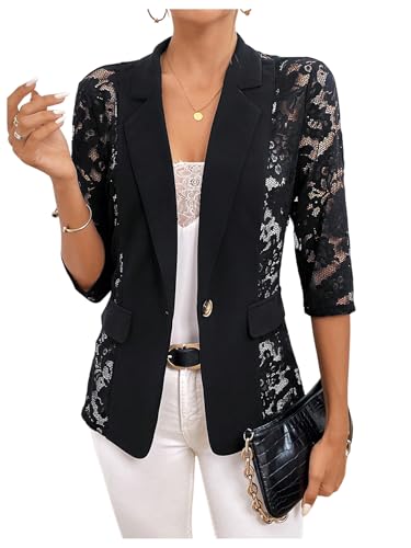 GORGLITTER Women's Lace 3/4 Sleeve Blazer Dressy Casual Trendy Fall Fitted Button Front Business Work Blazer Jacket 2025