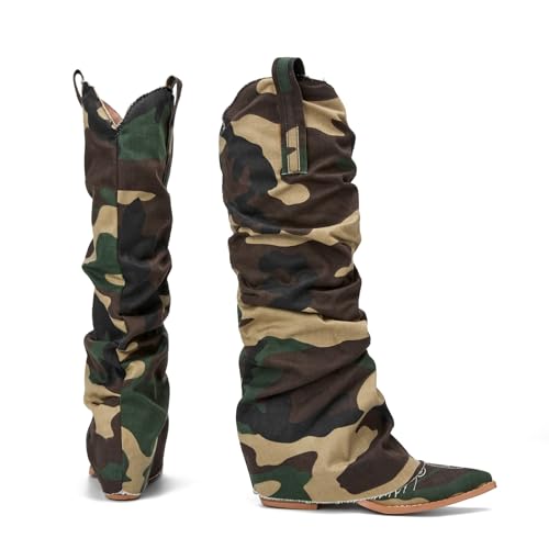 Saint Leia Women's Fashion Pleated Fold Over block heel mid calf boots Casual Ruched Covered Wedge Pointed Toe Knee High Boots3